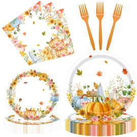 96 Pieces Thanksgiving Fall Plates and Napkins Tableware Set, Colorful Pumpkin Maple Disposable Dinnerware with Paper Plates, Napkin, and Fork for Thanksgiving Autumn Harvest Party Supplies- Serves 24