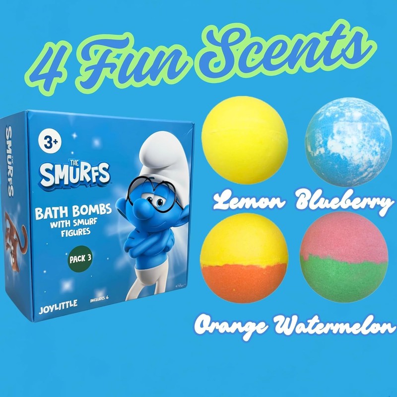 The Smurfs Bath Bombs with Action Figures-Brainy, Handy Smurf, Blossom,