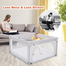 Costzon Baby Playpen, Extra Large Playard for Babies w/ 50 Ocean Balls, Infant Safety Gates with & Anti-Slip Suckers, Children's Fences with Breathable Mesh Walls, Toddler Play Yard