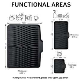 TIKNIK Silicone Dish Drying Mat for Kitchen Counter, Dish Drying Pad, Non-Slip Drain Pad with Built-in Drain, Heat Resistant Stone Drying Mat, 3 pcs (Black)