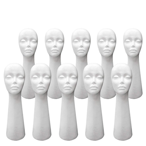 STUDIO LIMITED Styrofoam Mannequin Head, Long Neck, White Foam Wig Head Display with Wig Cap 4pcs (10 PACK)