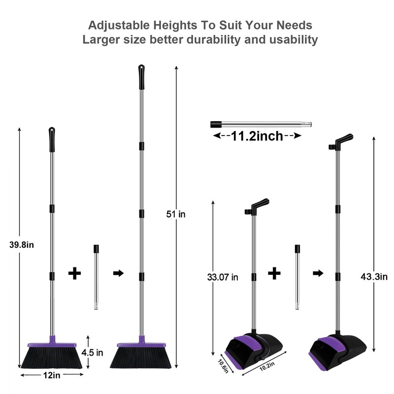 Broom and Dustpan Set, Upright Purple Broom with Dustpan Combo