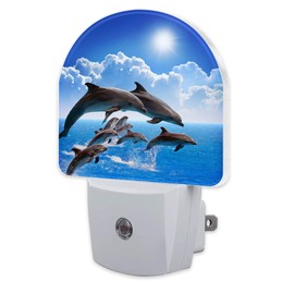 sndheke Jumping Dolphins Night Light Plug into Wall, Blue Sea and Bright Sky Dusk to Dawn Night Light Plug in,0.5w Energy Saving Sleep Friendly NightLight for Kids Boys Girls Home Decor