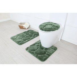 BH Home & Linen 3 Piece Ultra Plush River Rock Design Bath Rug Set. 19.5" x 30.5, Contour 20" x 20. Made with 100% Polyester (Sage)
