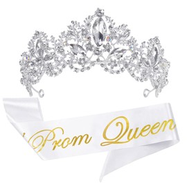 2Pcs Prom Queen Sash and Tiara Set, Tiara Crystal Rhinestones Bridal Crowns for women, Silver Crown with Comb for Little Girls Birthday and Wedding School Graduate Party Accessories（Silver-B）