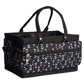 Sew Stylish Craft Organiser Bag, Black Sprig Pattern - Collapsible Caddy and Tote with Compartments for Sewing, Scrapbooking, Paper Craft, and Art - PT900-BLK-SPRIG