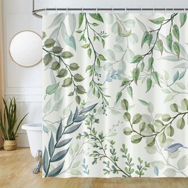 Uiiooazy Eucalyptus Shower Curtain, Green Tree Leaves Plants, Textile Shower Curtains, Anti-Mould, Waterproof, Polyester Fabric, Washable, Bathroom Curtain with Hooks, 150 x 180 cm
