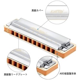 East top Harmonica Blues Harmonica 10 Hole Harmonica C Tone 10 Hole 20 Tone Brass Cover Canvas Case Clean Cloth for Beginners Experts Study Practice Diatonic Harmonica(T008S-SR-C-gm)