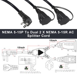 wininks 1 to 2 Outlet Extension Y Splitter Cable, 2.5FT NEMA 5-15P to 2 X NEMA 5-15R 3 Prong Power Cord, 2 Ways Extension Power Cord, Heavy Duty Flat Plug Outlet Supply Cable, 13A 125V