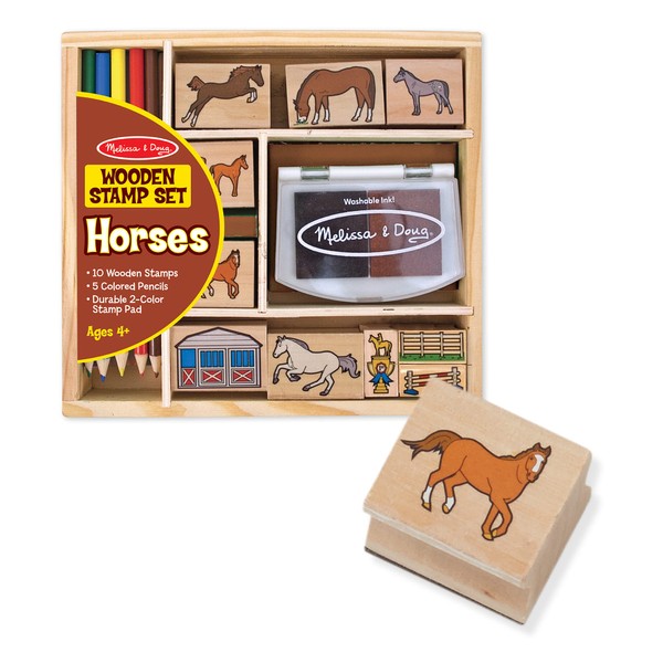 Melissa & Doug Wooden Stamp Activity Set: Horse Stable - 10 Stamps, 5 Colored Pencils, 2-Color Stamp Pad - Horse Stamps With Washable Ink, Horse Gifts For Girls And Boys Ages 4+