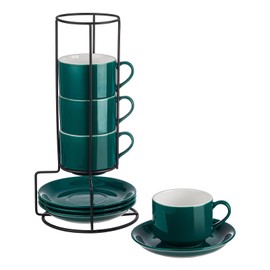 YOLIFE 8oz Porcelain Stackable Cappuccino Cups with Saucers and Metal Stand Set of 4, Coffee cups for Espresso, Specialty Coffee Drinks, Latte, Americano and Tea - Green