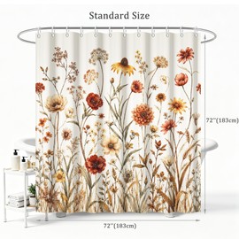 Vintage Wildflower Shower Curtain, Retro Terracotta Daisy Poppy Botanical Waterproof Bathroom Curtain, Cream Background Floral Fabric Bath Curtain, Set with 12 Hooks 72"x72"