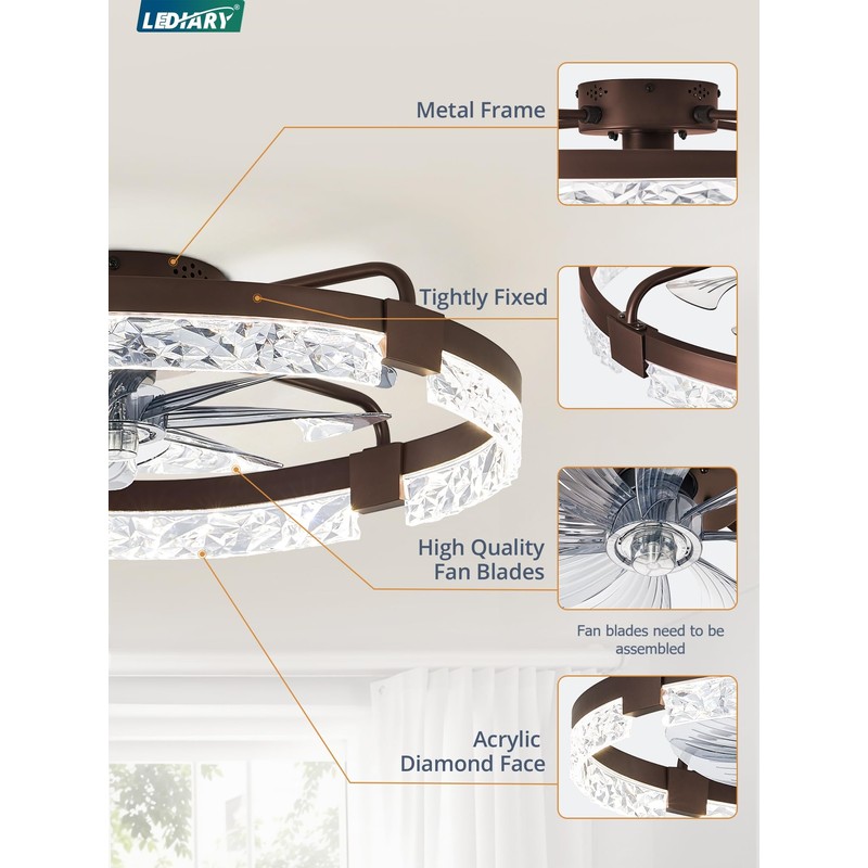 LEDIARY 24 Inch Low Profile Ceiling Fans with Lights and