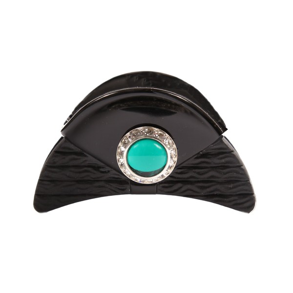 Caravan Hand Decorated French Hair Claw with Large Emerald and Swarovski Crystal Stones Double Sided, Black.65 Ounce