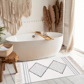 Boho Cotton Off White Rug 60 x 90 cm Moroccan Woven Fringe Throw Rug Tassels Machine Washable Welcome Door Mat Small Tribal Decorative Floor Rug for Bathroom Hallway
