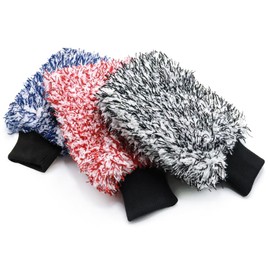 Pushaccas Microfiber Car Wash Mitt - 3 Pack Car Washing Mitts Scratch Free with Blue, Red and Black, Machine Washable, Lint Free, 10 Inch X 8 Inch Car Wash Glove for Cars Washing