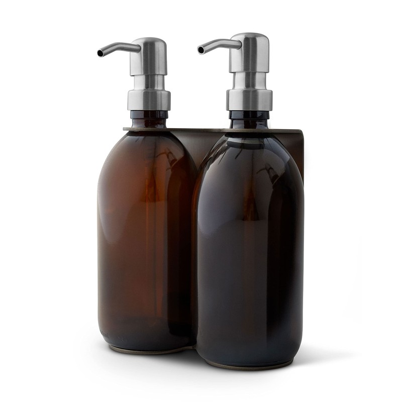 Wall-Mounted Bottle Dispenser Holder Bracket in Brushed Nickle, Silver, and