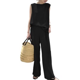 MARIA MARFA Women's Summer Beautiful Top and Pants, 2-piece Set, Solid, Simple, Casual (2S-M53), Black