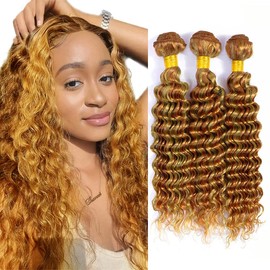 Lukcttr Highlight Honey Blonde & Light Brown Ombre Bundles - Deep Curly Human Hair Extensions - 18 Inch Remy Hair