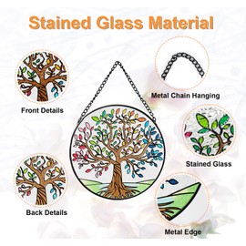 Tree of Life Stained Glass Wall Hanging Ornament, Suncatcher Four Seasons Theme, Colorful Leaves Window Hand-Painted Glass Panel Decor Gift for Women Christmas Thanksgiving Gift 6.3’’*6.3’’