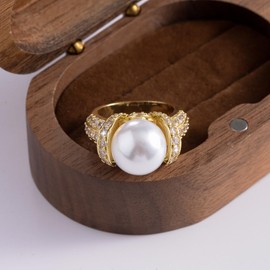hsiyyecg 14K Gold Plated Imitation Pearl Rings for Women, Dainty Elegant Bride Wedding Engagement Gold Rings Costume Jewelry Statement Cocktail Pearl Ring(7)
