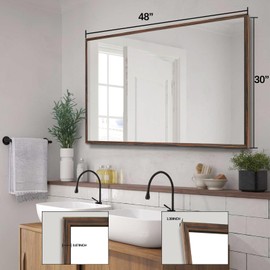 TheiaMo Walnut Wood Bathroom Mirrors for Wall Mounted, 48" x 30" Rectangle Rustic Wood Framed Wall Mirror, Decorative Farmhouse Mirror for Bathroom, Bedroom, Entryway, Horizontally/Vertically
