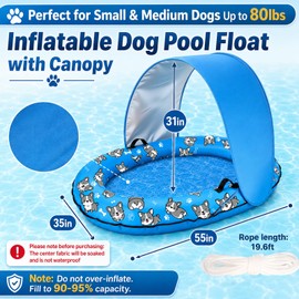 55 x 35 Inch Inflatable Dog Pool Float with Sunshade Canopy and Rope