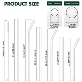 Dsmile 12 Pcs Reusable Glass Straws - Size 12.2"x10mm,10.5"x10mm,8.5"x10mm,Including 6 Straight and 6 Bent Clear Glass Straws with 2 Cleaning Brush for for Smoothies, Shakes, Coffee, Juice