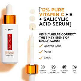 L'Oreal Paris Revitalift Vitamin C Serum with Vitamin E & Salicylic Acid, Moisturizing, Smoothing & Brightening, Non Greasy, Combats Early Signs of Ag