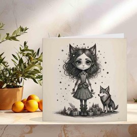 Cute Gothic Girl & Wolf Birthday Card 145 x 145mm