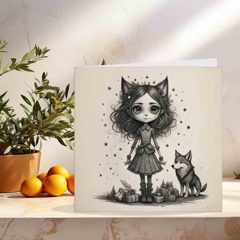 Cute Gothic Girl & Wolf Birthday Card 145 x 145mm