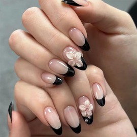 French Tip Press on Nails Medium Almond Fake Nails with Designs Flower Glue on Nails Black Acrylic Nails Glossy Artificial Nails Full Cover Stick on Nails for Coquette Women 24Pcs