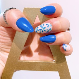 Blue Short Almond French Press on Nails Flower Pattern Fake Nails DIY for Women and Girls Daily and Party Use Can Glue on Nails Blue Full Cover Acrylic Stick on Nails 24 Pcs Kit
