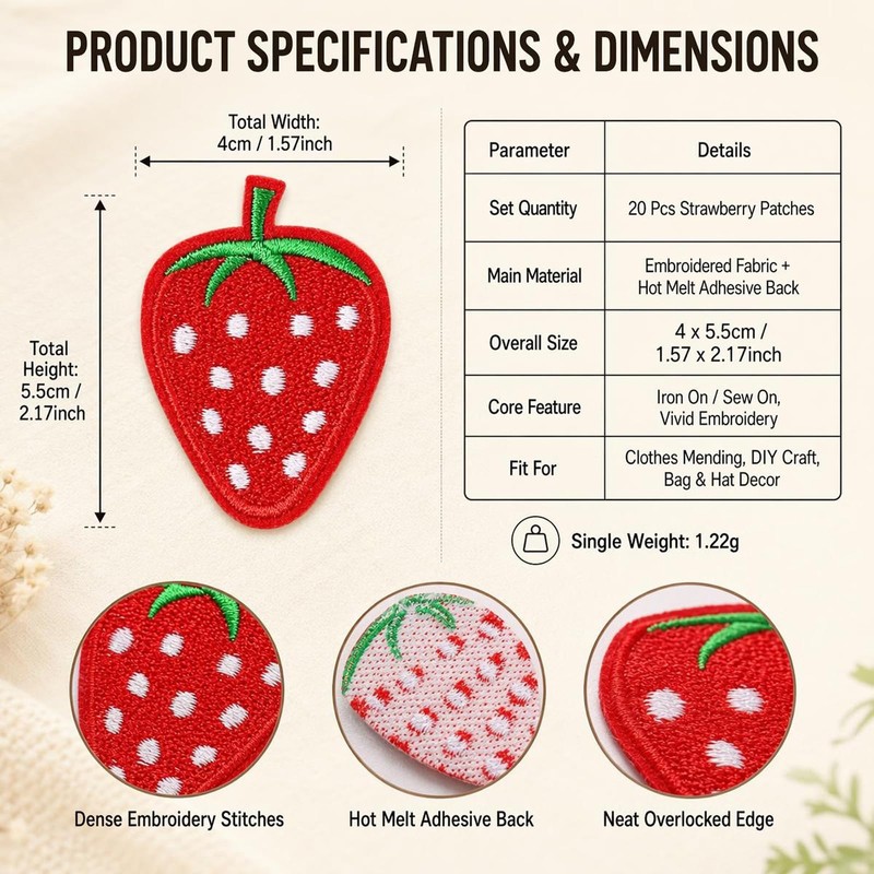 20Pcs Strawberry Iron On Patches Embroidered Fruit Appliques