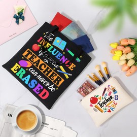 Teacher Canvas Tote Bags, Teacher Gifts for Women, Travel Beach Bag Reusable Grocery Shopping Bag & Teacher Cosmetic Bag Makeup Bag, Teacher Appreciation Gifts, Christmas/Birthday Gifts for Teachers