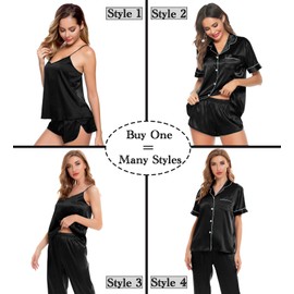 SWOMOG Satin Pyjamas Women's Short 4-Piece Short Sleeve Pyjamas Cami and Shorts Set Women Silk Pjs Sets Leisure Suit Loungewear XS-XXL, black