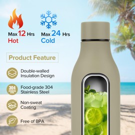 Insulated Metal Water Bottle, 18 oz Stainless Steel Leak-Proof Gym Water Bottle with Lid for Men Women (Khaki)