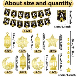 Ramadan Mubarak Garland Eid Decorations, Ramadan Mubarak Banner Shining Gold Star Moon Lantern Streamer Ramadan Hanging Wall Decorations for Islam Festival Party Supplies, Ramadan Kareem Decor