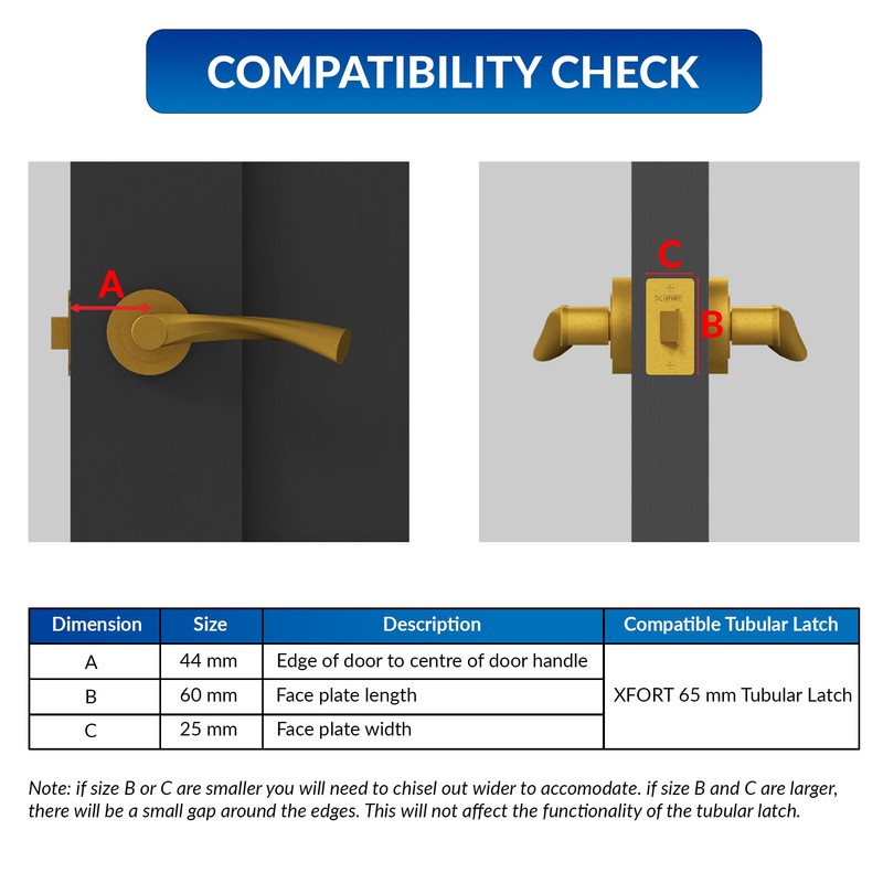 XFORT Tubular Latch, Polished Brass, Tubular Door Latch for Internal