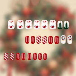 Christmas Press on Nails Coffin Short Length, 24Pcs Artificial Fake Nails with Xmas Tree Rhinestone Designs, Glossy Full Cover Winter Acrylic Square False Nails Glue Stick on Fingernails for Women