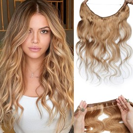 Benehair Invisible Wire Hair Hair Extensions Real Human Hair Blonde for Women Wavy Hairpieces with Invisible Secret Fish Line Adjustable Wire Replacement Dark Blonde 20inch for Thinning Hair #27