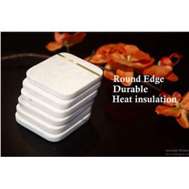 Set of 6 White Square with Brass Marble Coasters | Modern Stone Coasters for Drinks | Cute Coasters for Coffee, Table, Desk, Cup | Absorbent and Durable