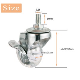 Stem Wheels M8X15mm with Side Brake, 2 Inch Swivel Casters Wheels, Threaded Stem Castors Wheel, 360 Degree Rotated Crystal Clear Wheel,Soft Polyurethane Furniture Wheels for Carts and DIY Projects