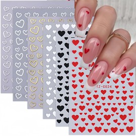 Heart Nail Stickers for Nail Art -6 Sheets Heart Love Nail Decals 3D Self Adhesive Red Black White Gold Silver Heart Nail Designs Valentine's Day Nail Sticker for French DIY Nail Decoration Manicure