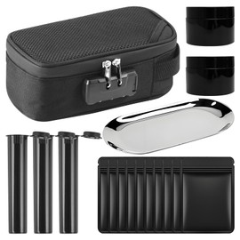 17PCS Smell Proof Bag with Combination Lock, Odor Proof Stash Box Container with 10 Smell Proof Baggies, 3 Flip-top sealed tubes, 2 PET Stash Jar & 1 Stainless Tray, Portable Lockable Pouch for Travel