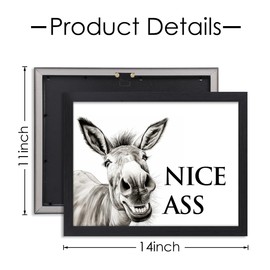 Funny Bathroom Wall Art Black and Grey Donkey Canvas Painting Prints Nice Ass Quotes Picture Bathroom Signs Wall Decor Framed Animals Artwork for Washroom Restroom Toilet Home Decoration, 11x14 Inch