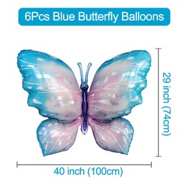 Simin 6 PCS Giant Butterfly Balloons, 40 inch Butterfly Decorations Blue Fairy Foil Balloons for Baby Shower Decor Supplies Girls Weddings Birthdays Butterfly Themed Part