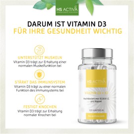 HS ACTIVA Vitamin D3 K2 High Dose - Vitamin D3 10000 IU for 1200 Days - D3 K2 Capsules High Dose from Germany - Vitamin D K2 Vegan without Additives - K2 D3 - Vitamin D High Dose - 120 Capsules
