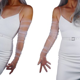 DooWay Women Extra Long Mesh Gloves Ruched Sleeve TOUCHSCREEN 35" Wedding Evening Sheer Gloves, White, Medium