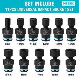 DURATECH 3/8" Drive Impact Swivel Socket Set, 11-Piece Shallow Wobble Socket Set, Metric Socket Set with Flexible Wobble, Cr-Mo Steel, 6 Points, Organized in Sturdy Storage Case(8-19mm)